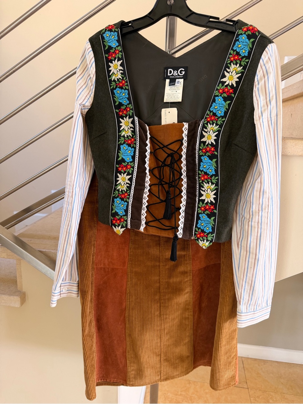 D&G Green Embroidered Folk Vest with Brown corduroy top